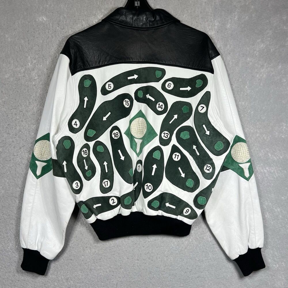 MICHAEL HOBAN NORTH BEACH LEATHER Bomber Jacket GOLF-Themed Black White Size 38